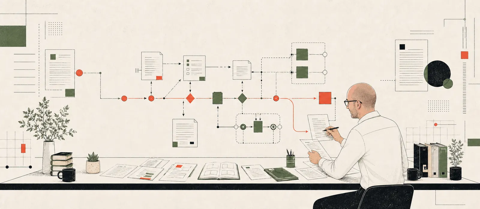 Illustration of Barry Rodick reviewing documents beside a workflow diagram.