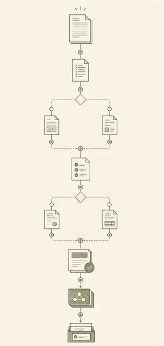 A workflow moving from documents through review and decisions.